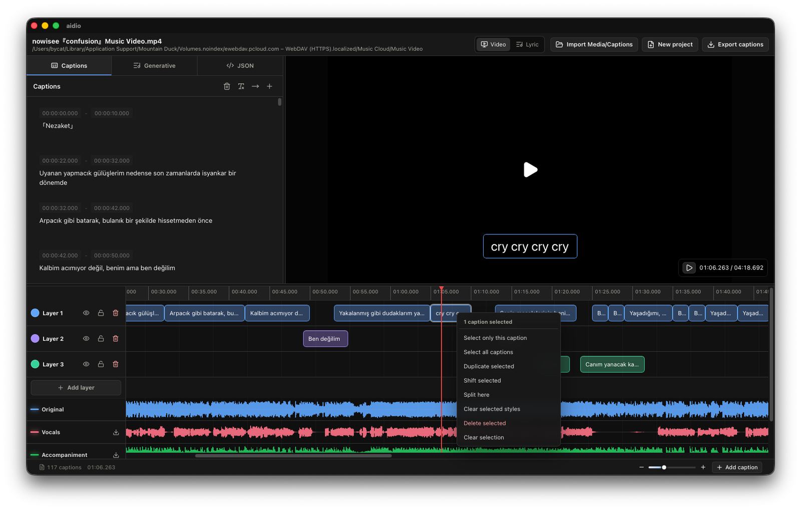 Aidio layer context menu over a dark subtitle editing workspace.
